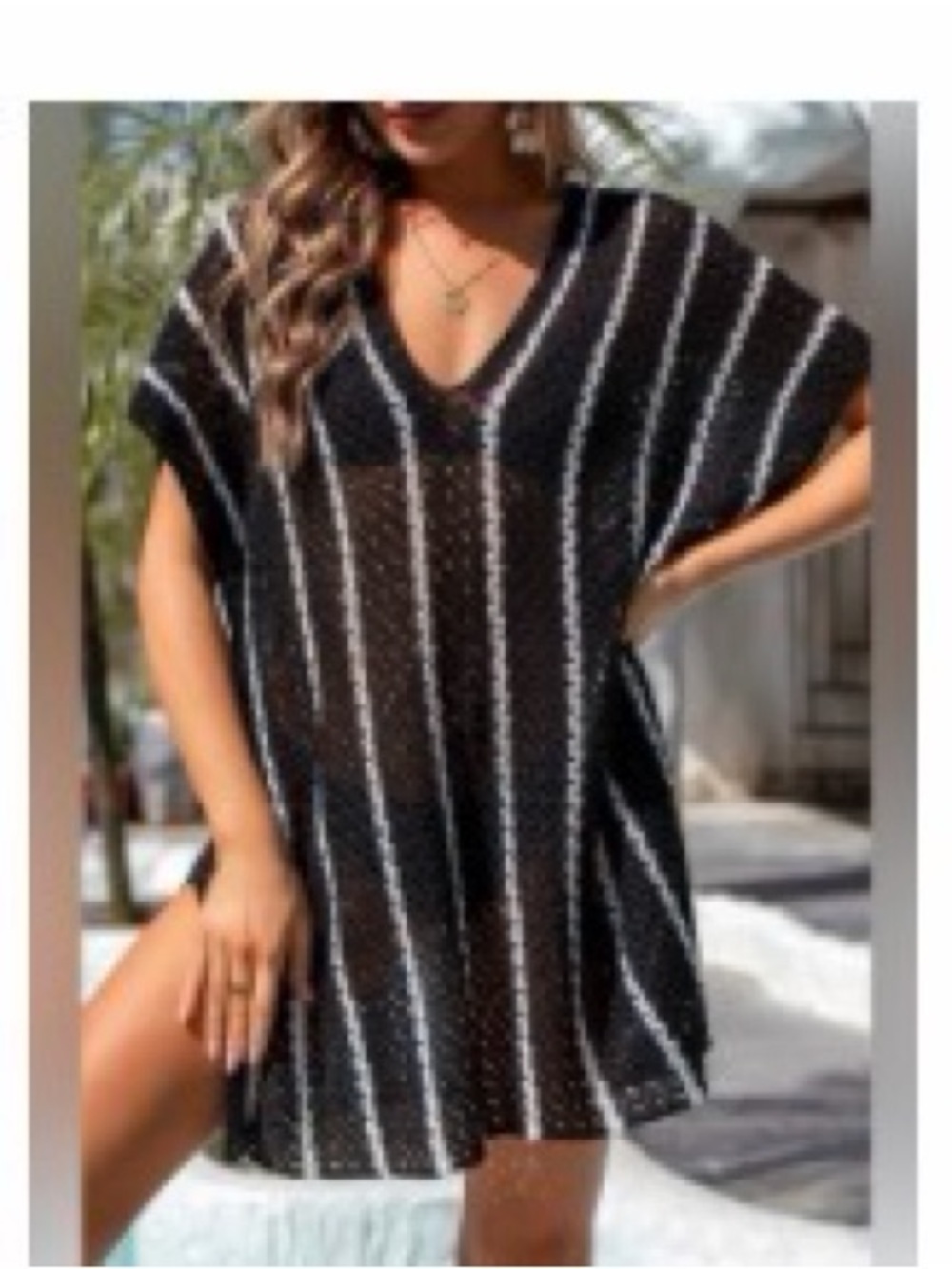 Women's Black Striped V-Neck Swim Cover-Up